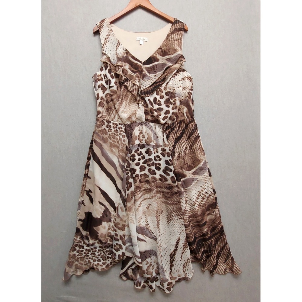 Dressbarn Animal Print‎ Midi Dress 16 Asymmetric Hem Brown Resort Flowy Vacation